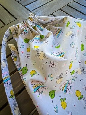 Drawstring Bread Bag with Basket, & Floral Print - Pastel Accents 100% Cotton